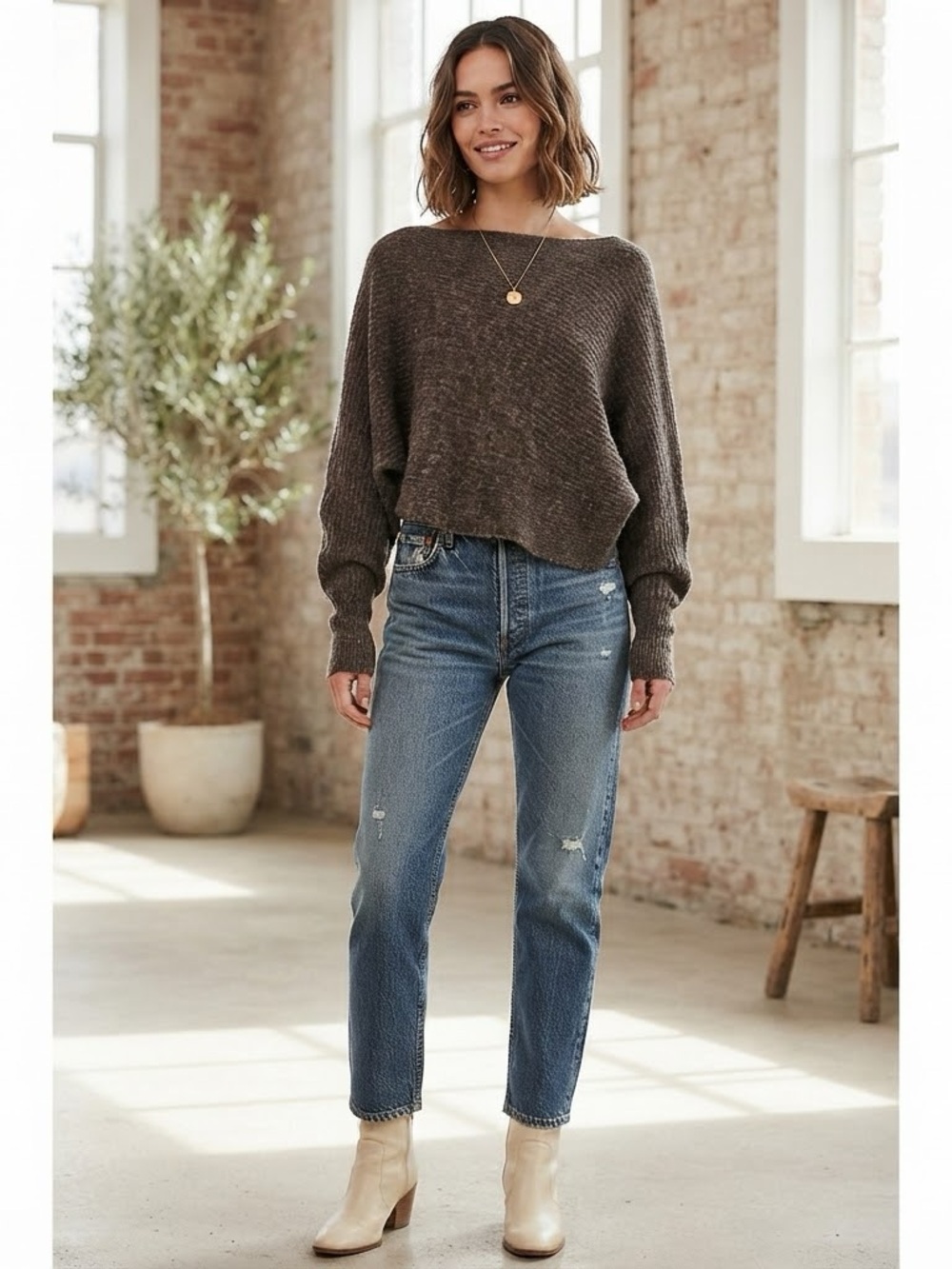 Free People Brown Marled Asymmetrical Batwing Crop Sweater XS Off the Shoulder